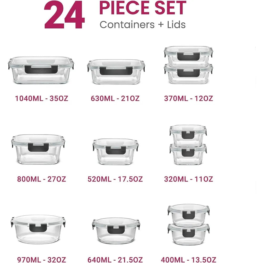 24 Piece Glass Storage Containers with Lids Dishwasher Safe